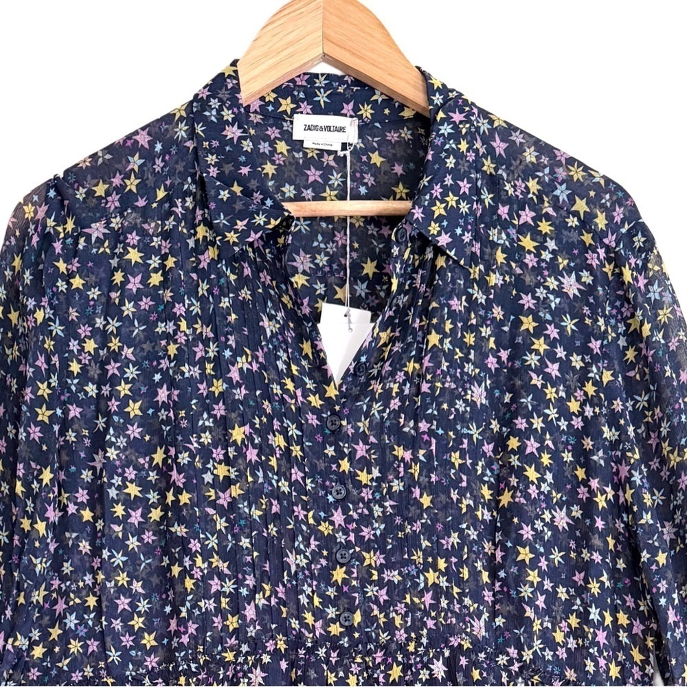 Zadig & Voltaire Lightweight Chiffon Rapidy Crinkle Print Etoiles Dress Sz L NWT - Picture 2 of 11